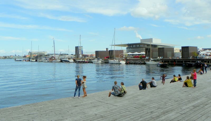 Denmark, Copenhagen, Ofelia Plads, view of the Honsebrolobet, the pier and the Copenhagen Opera House 9.08.2019. Denmark, Copenhagen, Ofelia Plads, view of the Honsebrolobet, the pier and the Copenhagen Opera House 9.08.2019