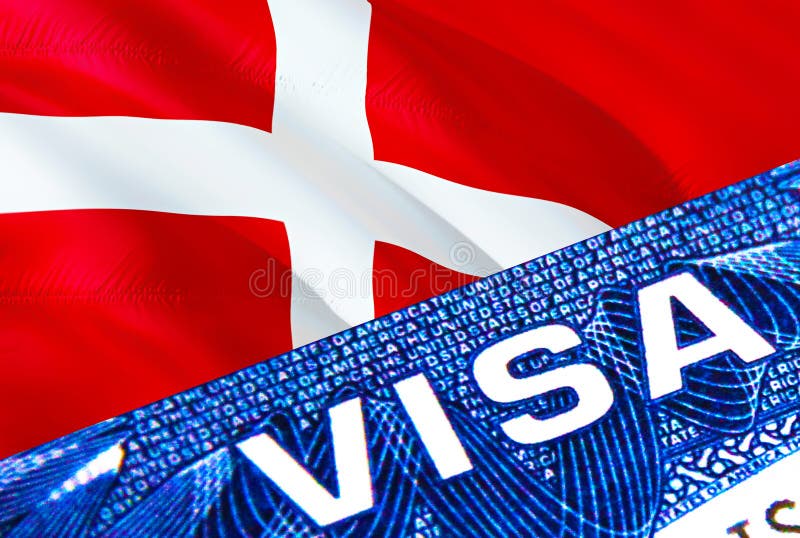 Denmark visa document close up. Passport visa on Denmark flag. Denmark visitor visa in passport,3D rendering. Denmark multi vector illustration