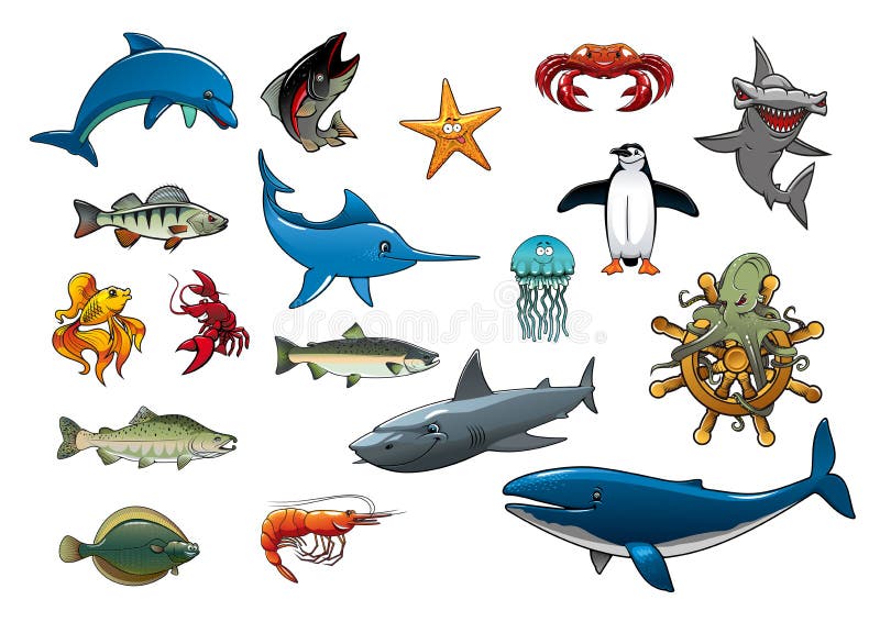 Dennej ryba i oceanów zwierząt kreskówki wektoru ikony ilustracji Dennej ryba i oceanów zwierząt kreskówki wektoru ikony ilustracji
