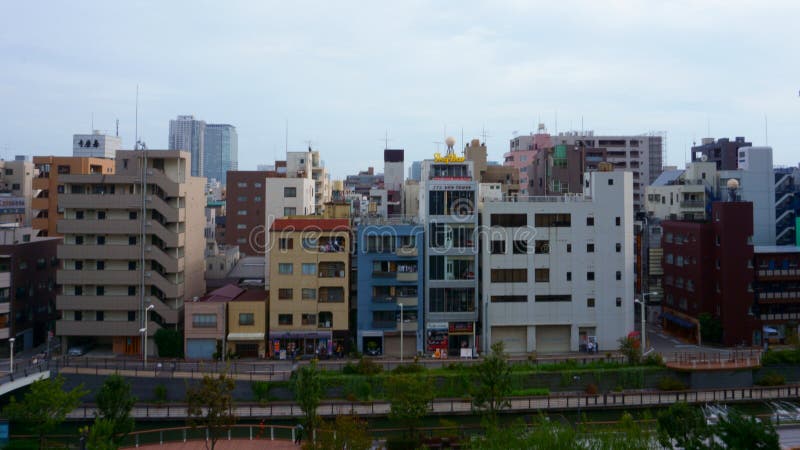 Tokyo / Japan - Sept 13 2018: Dense buildings in Sumida-ku, cityscape. Colorful houses. Apartments in Oshiage