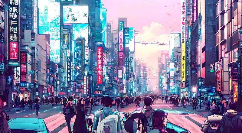 Dense city traffic street in Tokyo.Noisy Megapolis.Cyberpunk steampunk drawing