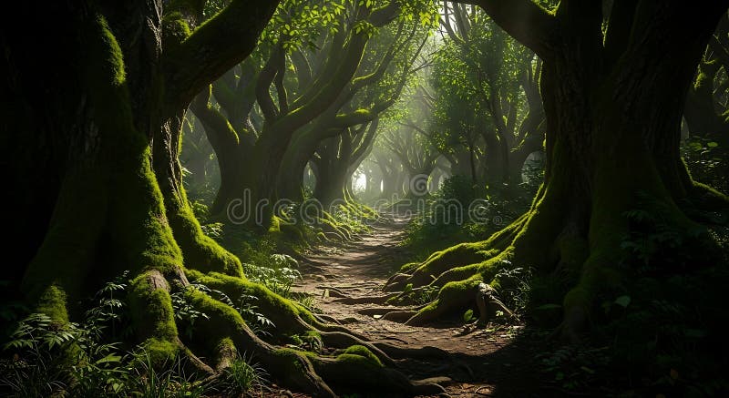 A dense, enchanting forest scene with a winding path flanked by large, twisted royalty free illustration