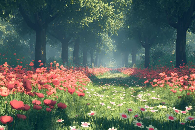 A dense forest with ancient trees and delicate spring flowers provides an enchanting fairy tale backdrop stock image