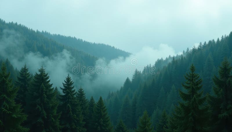 Dense immergrüner Wald in wirbelnden Nebelherbstabenteuer misty stock abbildung