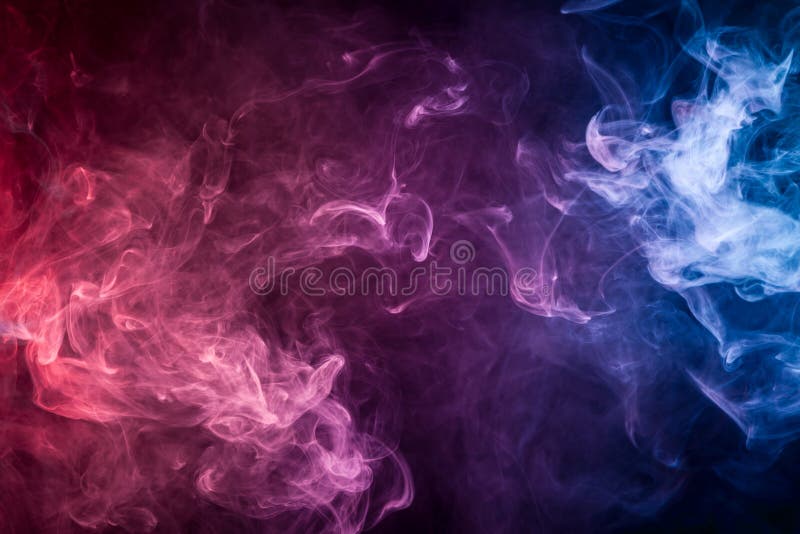Dense multicolored purple, red and blue smoke on a black isolated background. Background of smoke vape. Dense multicolored purple, red and blue smoke on a black isolated background. Background of smoke vape