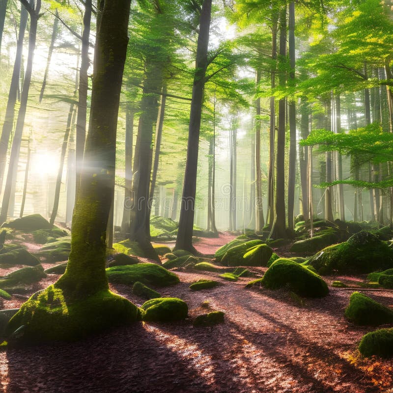 A dense, mystical forest with sunlight filtering through the leaves and moss-covered rocks4, Generative AI vector illustration