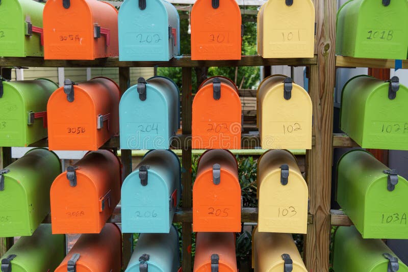 Dense Rows of Brightly Colored Mailboxes Stock Image Image of