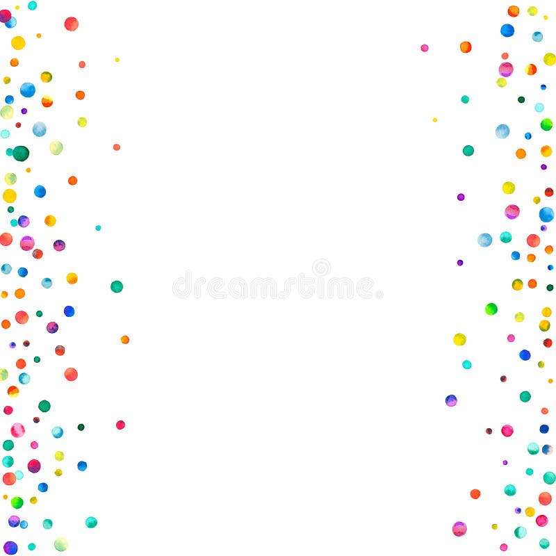 Dense watercolor confetti on white background. Rainbow colored watercolor confetti messy border. Colorful hand painted illustration.