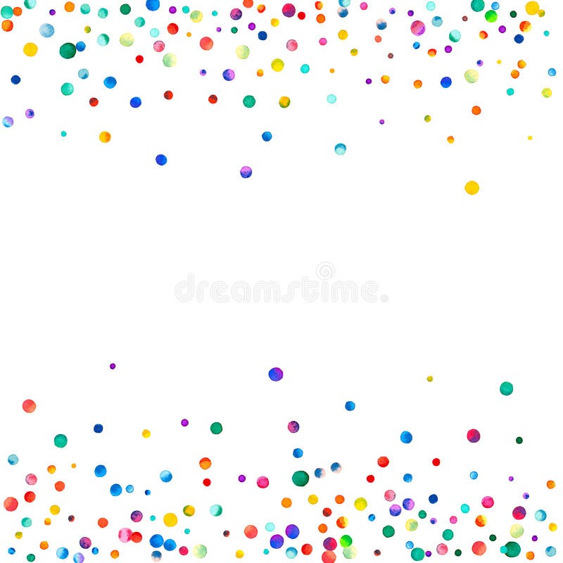Dense watercolor confetti on white background. Rainbow colored watercolor confetti scattered border. Colorful hand painted illustration.