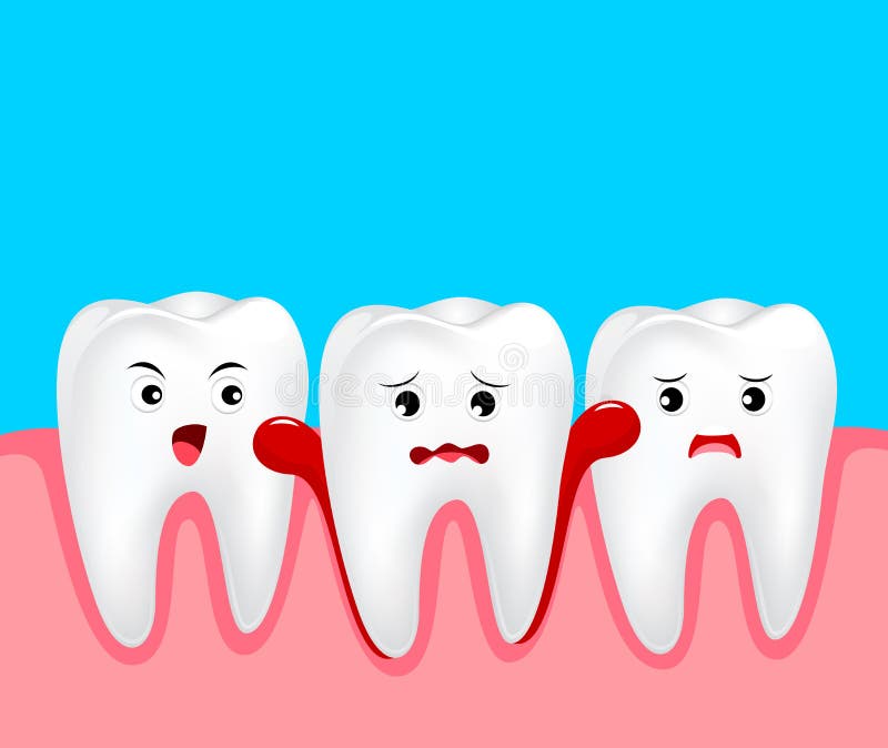 Cute cartoon tooth character with gum problem. 