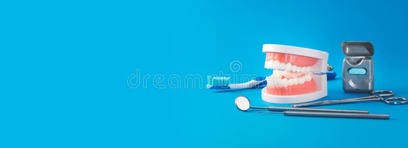 Dental care, tools and jaw isolated web banner