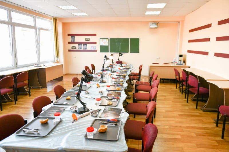 Dental classroom interior. Dentists tools in a modern classroom at medical university.