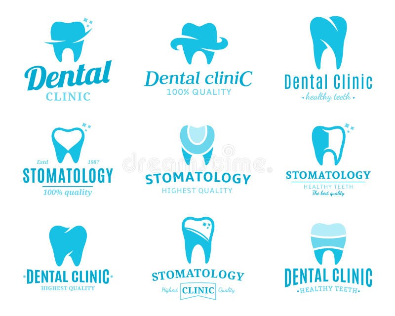Dental Clinic Logo, Icons and Design Elements. Set of dental clinic logo templates. Dental labels with sample text. Dental icons for stomatology, dentist and stock illustration Dental Clinic Logo, Icons and Design Elements. Set of dental clinic logo templates. Dental labels with sample text. Dental icons for stomatology, dentist and stock illustration