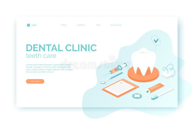 Dental clinic website header, banner, flyer template in isometric flat style with tooth, brush, toothpaste