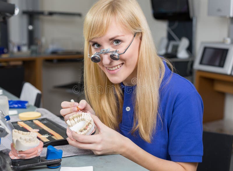 Dental Lab Technician Applying Porcelain To Dentition Mold Stock Image