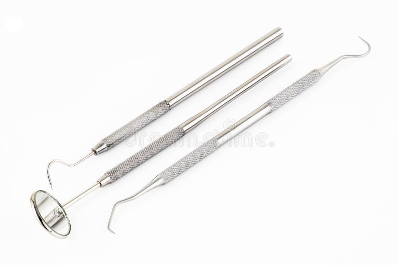 Dental Mirror Scaler and Sickle Probe Explorer Tools on White