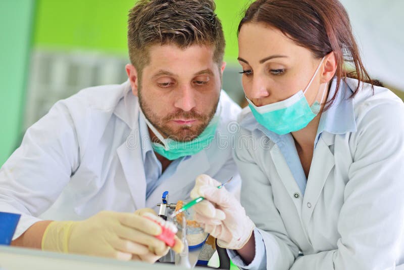 Dental Prosthesis, Dentures, Prosthetics Work. Prosthetics Hands while Working on the Denture