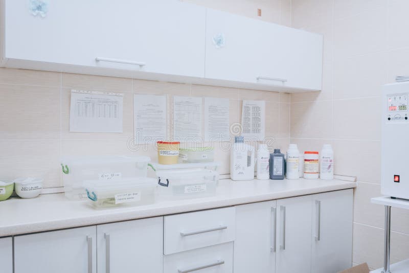 Dental sterilization room. Room for sterilizing instruments in a modern dentist clinic. White tone stock photos Dental sterilization room. Room for sterilizing instruments in a modern dentist clinic. White tone stock photos