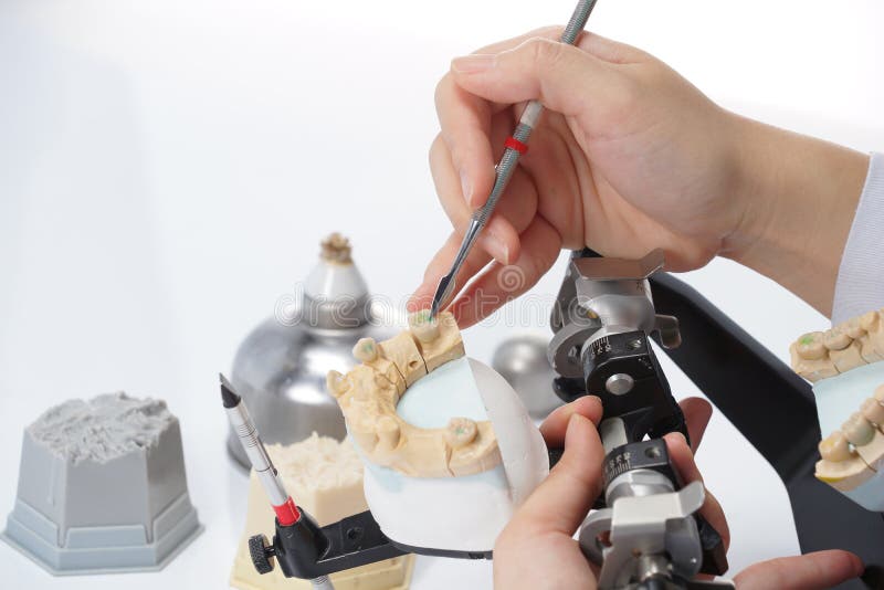 Dental Technician Working with Articulator in Dental Laboratory Stock