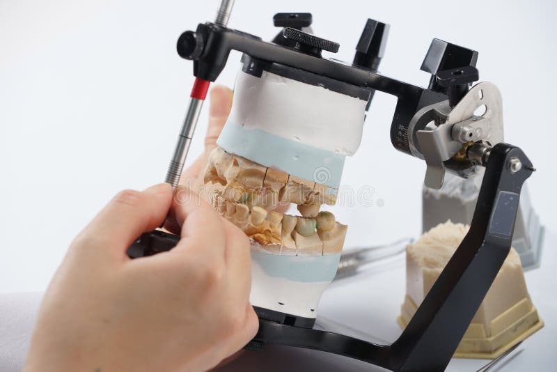 Dental Technician Working with Articulator in Dental Laboratory Stock