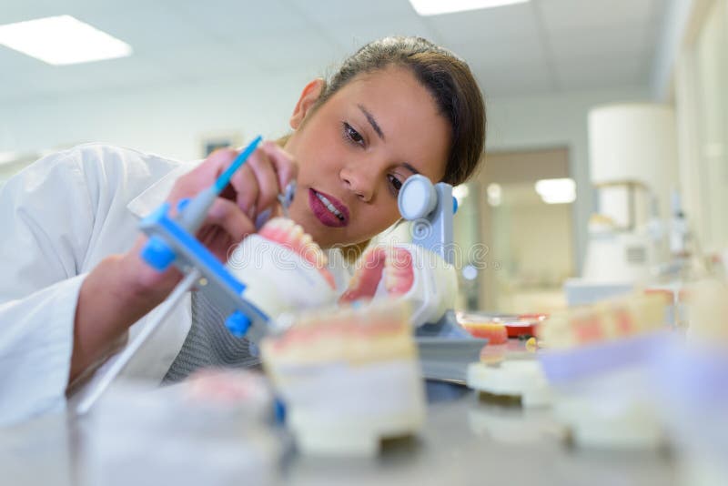 Dental Technician Working in Laboratory Preparing False Teeth Stock