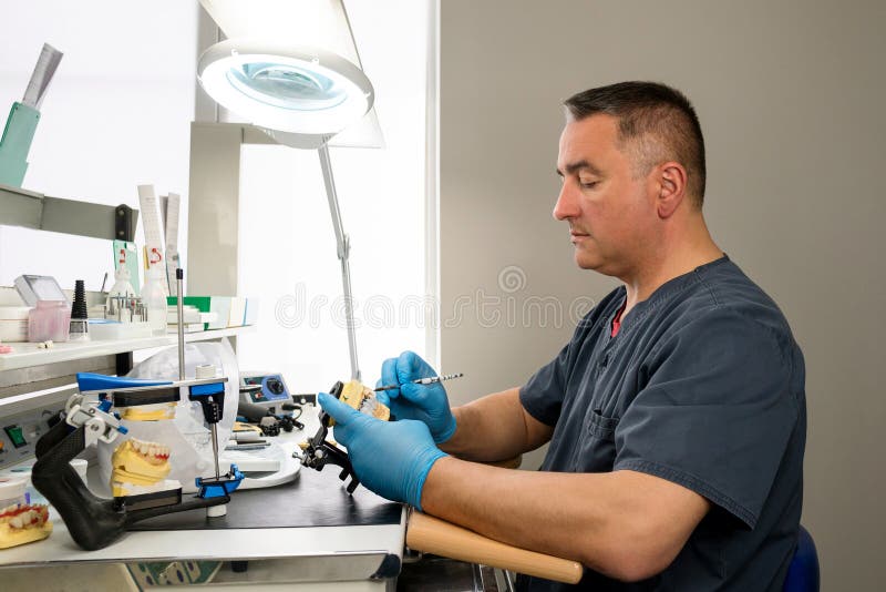 Dental Technician Working with Tooth Denture Stock Image Image of