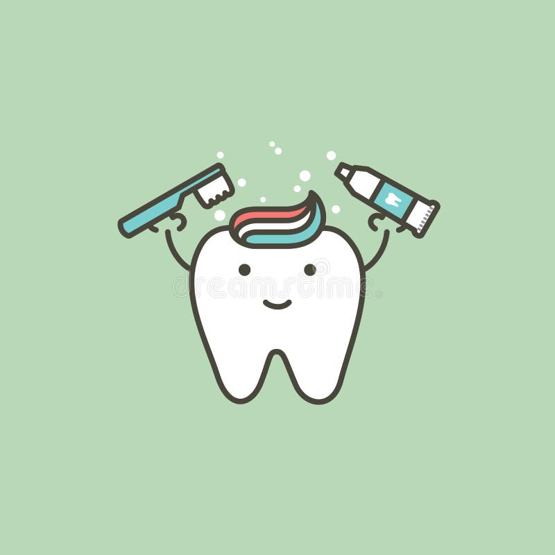 Dente branco saudável que guarda a escova de dentes e o dentífrico, conceito de escovadela dos dentes - estilo dental do vetor do