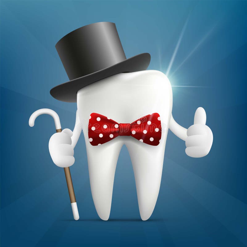 Dente humano em um chapéu, com um bastão e um laço ilustração royalty free Dente humano em um chapéu, com um bastão e um laço ilustração royalty free