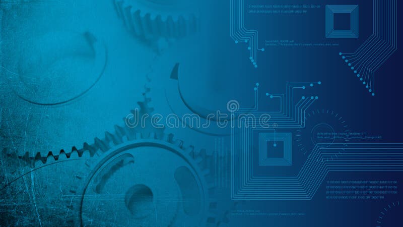 Dented steel grunge glossy gears industrial cogs transitioning to technologic digital circuits stock images Dented steel grunge glossy gears industrial cogs transitioning to technologic digital circuits stock images