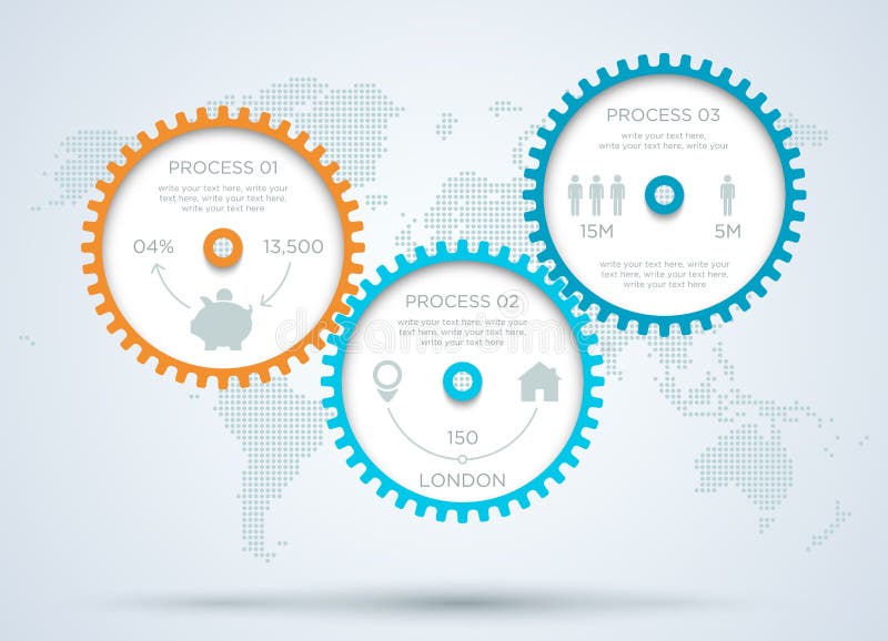 Infographic 3d cogs with business icons on a back drop with a world map made of dots and editable transparent drop shadows made in illustrator. Infographic 3d cogs with business icons on a back drop with a world map made of dots and editable transparent drop shadows made in illustrator