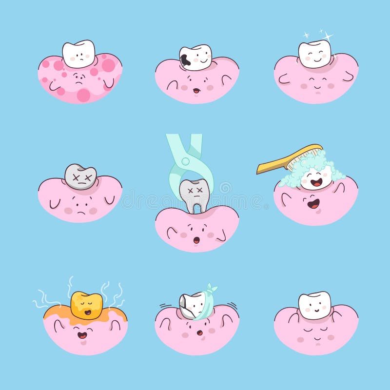 Happy teeth with gums set. Cute tooth characters. Dental concept for your design. Illustration for children dentistry. Happy teeth with gums set. Cute tooth characters. Dental concept for your design. Illustration for children dentistry.