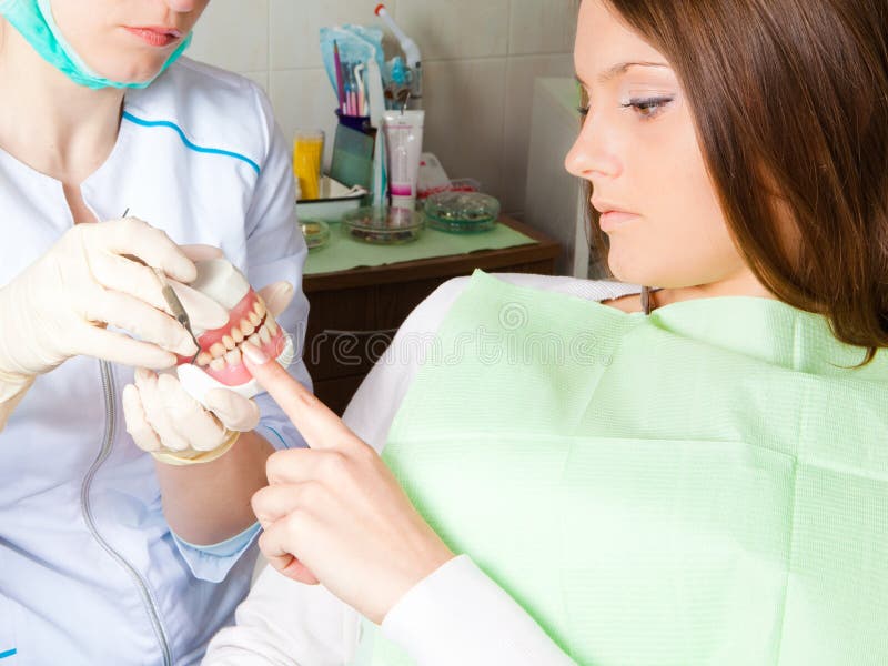 Dentis showing teeth prosthesis for woman patient stock images