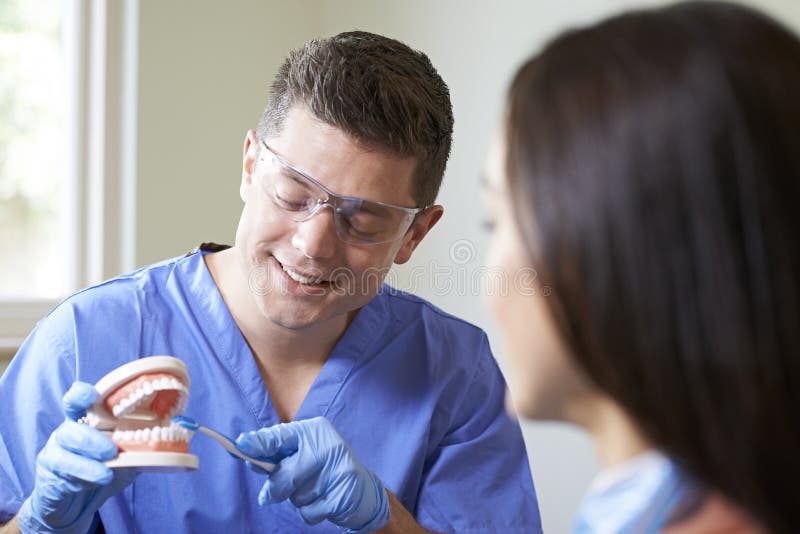 Dentist Demonstrating Correct Use of Toothbrush To Female Client Stock