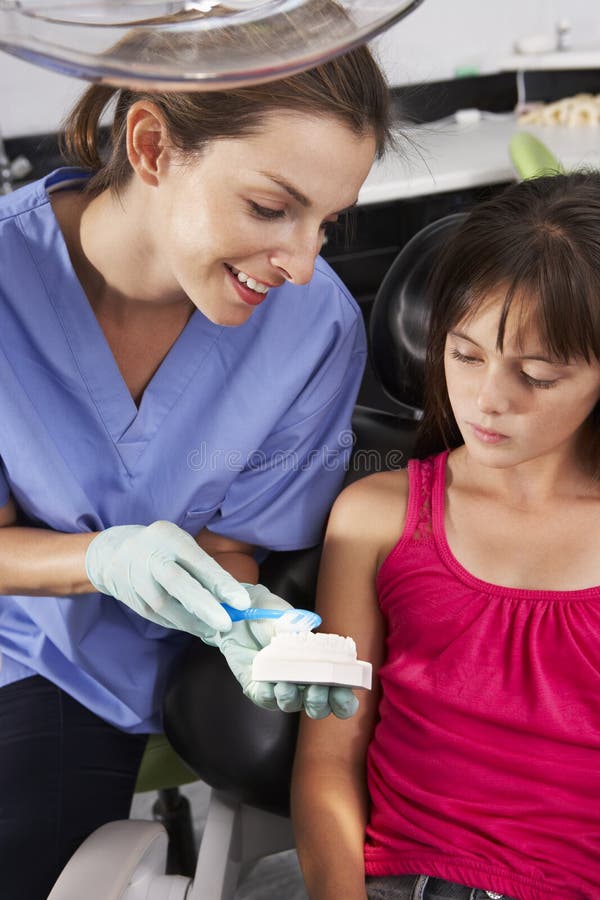 Dentist Demonstrating How To Brush Teeth To Female Patient Stock Photo