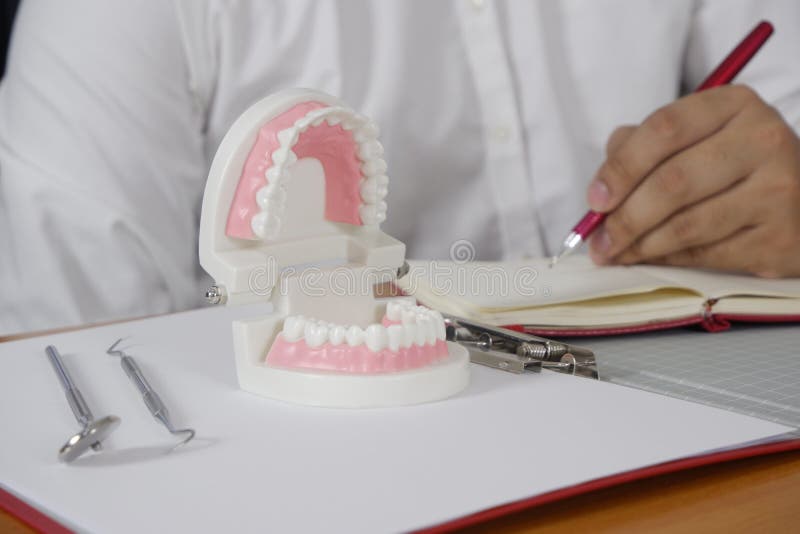 Dentista che si siede alla tavola con il modello del dente ed agli strumenti nel concetto dentario e medico dentario professional fotografia stock libera da diritti Dentista che si siede alla tavola con il modello del dente ed agli strumenti nel concetto dentario e medico dentario professional fotografia stock libera da diritti
