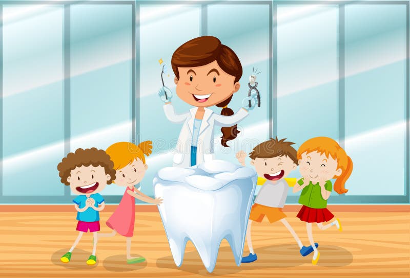 Dentista e bambini felici illustrazione vettoriale. Illustrazione di