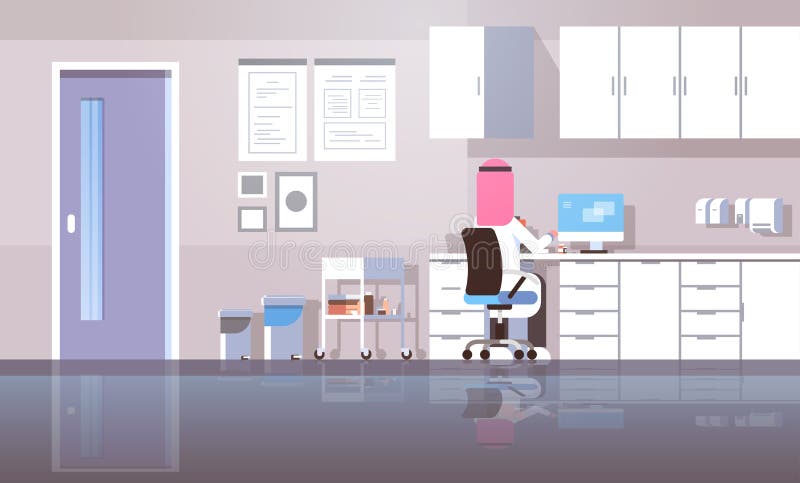 Dentista árabe del hombre en lugar de trabajo que se sienta del hijab usando doctor árabe de la vista posterior del ordenador en ilustración del vector Dentista árabe del hombre en lugar de trabajo que se sienta del hijab usando doctor árabe de la vista posterior del ordenador en ilustración del vector