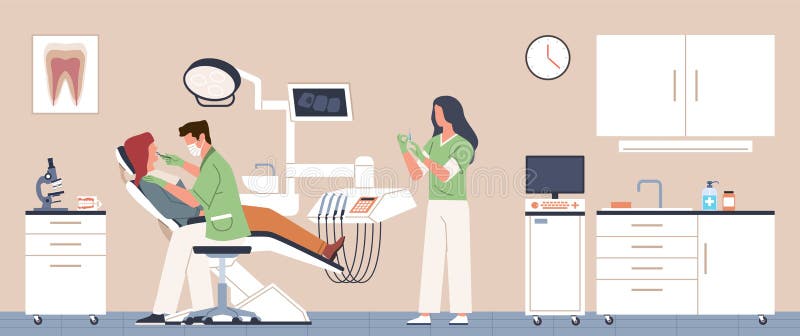 Dentists office. Doctor sees patient, dental treatment in chair, modern stomatology, assistant prepares anesthesia royalty free illustration