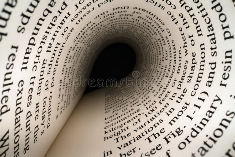 Inside the book concept. Latin letters and words on an tunnel shaped, perspective book page with black dramatic light. Education, knowledge concept. Inside the book concept. Latin letters and words on an tunnel shaped, perspective book page with black dramatic light. Education, knowledge concept