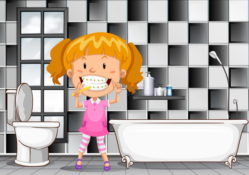 Dents de brossage de petite fille dans la salle de bains illustration de vecteur Dents de brossage de petite fille dans la salle de bains illustration de vecteur