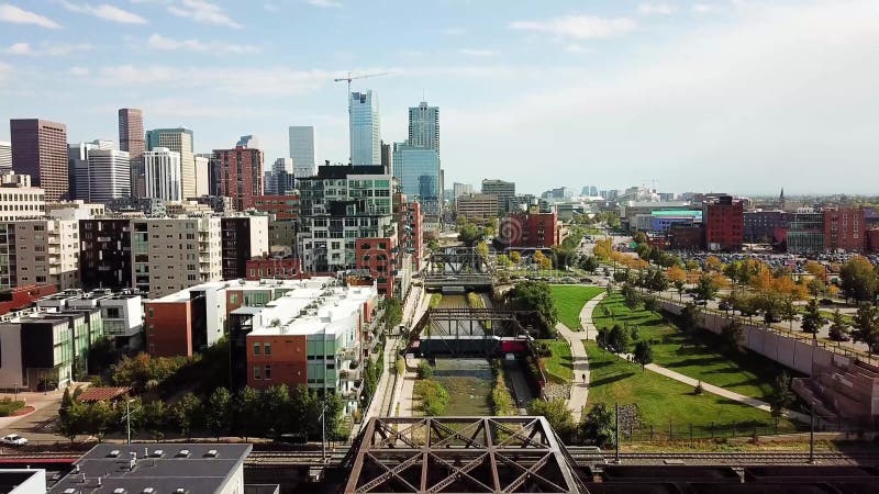 Denver aerial view with bridges over Cherry creek river