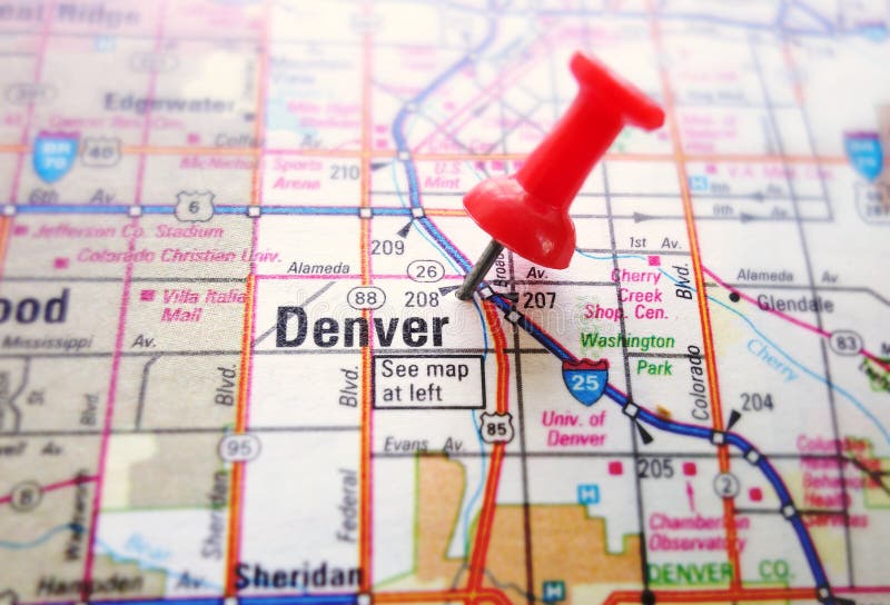 Denver Map Closeup Red Push Pin 38674454 