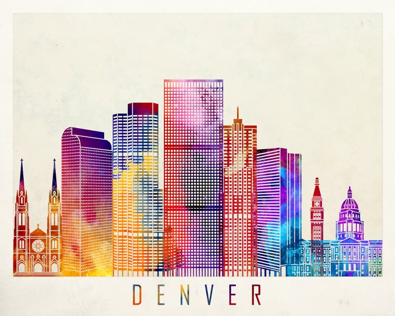 Denver landmarks in watercolor poster. Denver landmarks in watercolor poster