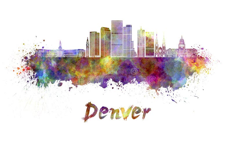 Denver skyline in watercolor splatters with clipping path. Denver skyline in watercolor splatters with clipping path