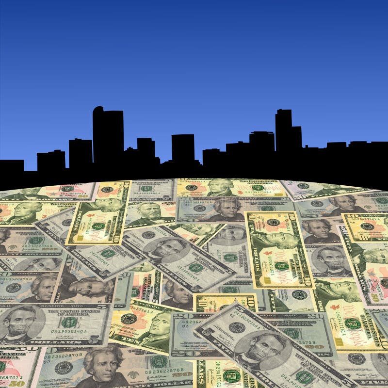 Denver skyline with American dollars foreground illustration. Denver skyline with American dollars foreground illustration