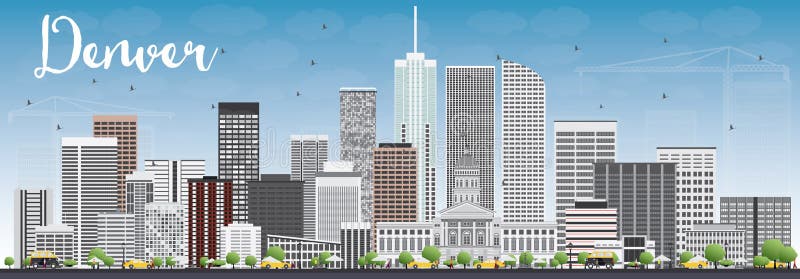 Denver Skyline with Gray Buildings and Blue Sky. Vector Illustration. Business Travel and Tourism Concept with Modern Buildings. Image for Presentation Banner Placard and Web Site. Denver Skyline with Gray Buildings and Blue Sky. Vector Illustration. Business Travel and Tourism Concept with Modern Buildings. Image for Presentation Banner Placard and Web Site.