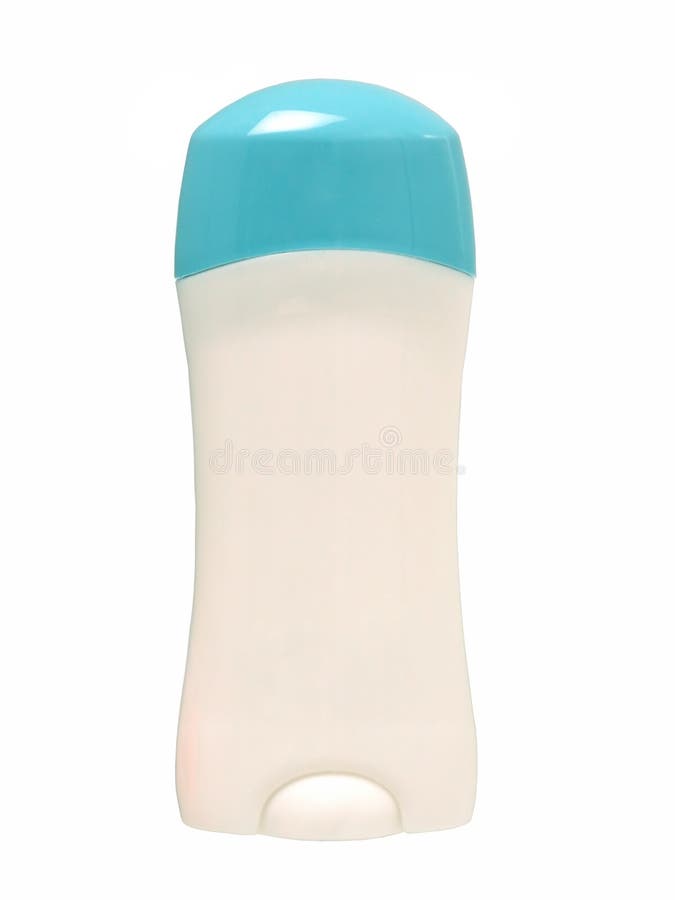 White plastic container of deodorant with a blue lid. Isolated on white. No shadow.