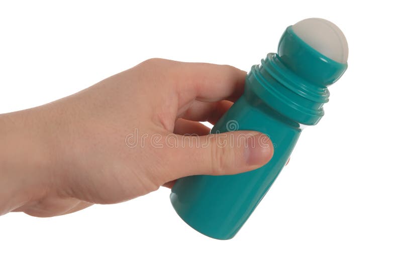 Hand holding roll-on deodorant, isolated on a white background.