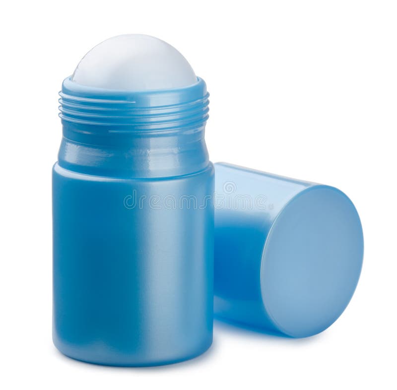 Blue compact roll on deodorant on white