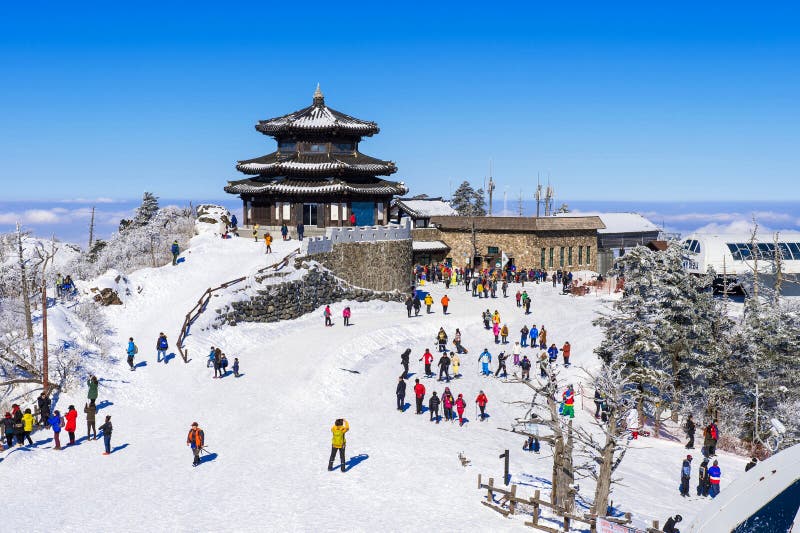 DEOGYUSAN,KOREA - JANUARY 23: Tourists taking photos of the beautiful scenery and skiing around Deogyusan,South Korea on January 23, 2015. DEOGYUSAN,KOREA - JANUARY 23: Tourists taking photos of the beautiful scenery and skiing around Deogyusan,South Korea on January 23, 2015.